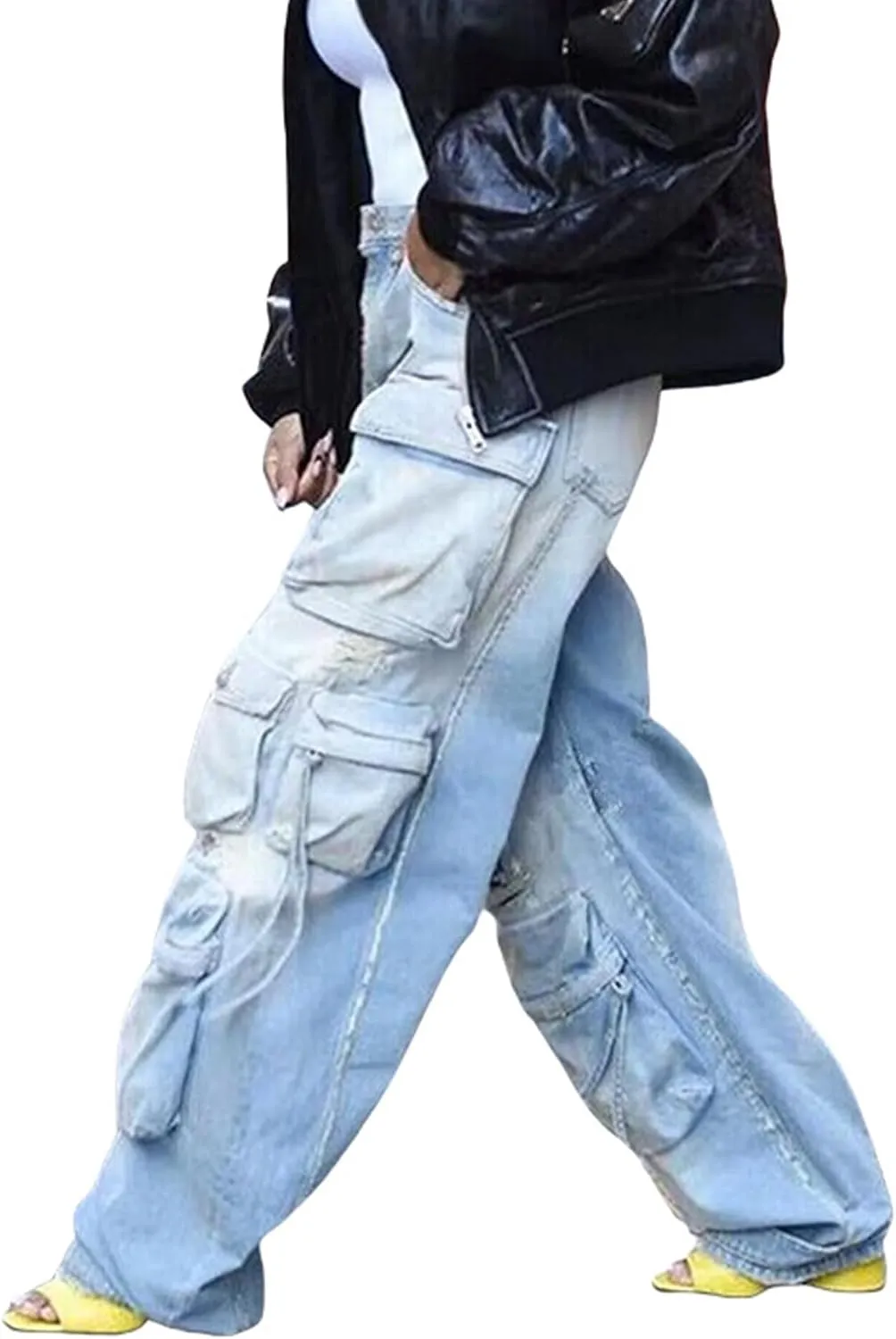 Sexyshine Women's High Waist Cargo Jeans Pants Y2K Baggy Loose Distressed Ripped Long Denim Pants with Multi Pockets