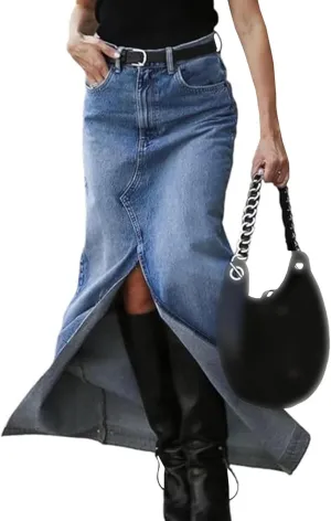 Sexyshine Women's Split Long Denim Skirt High Waist Slit Raw Hem Full Length Dress A Line Maxi Jeans Skirts Y2K Streetwear