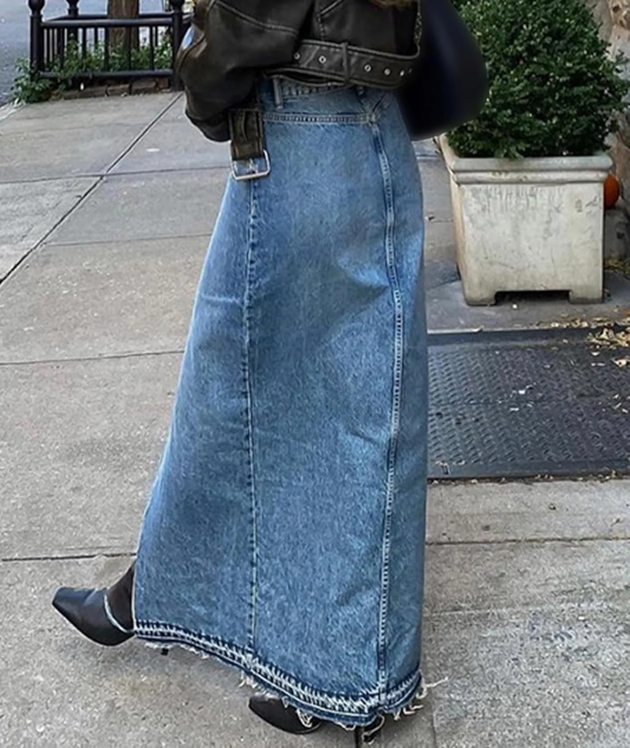 Sexyshine Women's Split Long Denim Skirt High Waist Slit Raw Hem Full Length Dress A Line Maxi Jeans Skirts Y2K Streetwear