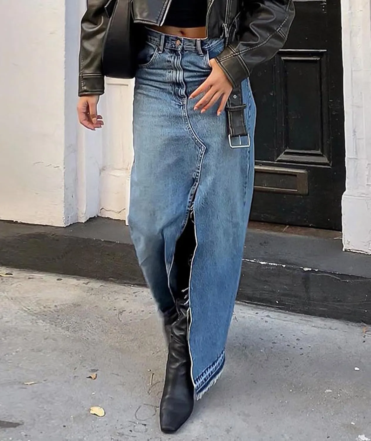 Sexyshine Women's Split Long Denim Skirt High Waist Slit Raw Hem Full Length Dress A Line Maxi Jeans Skirts Y2K Streetwear