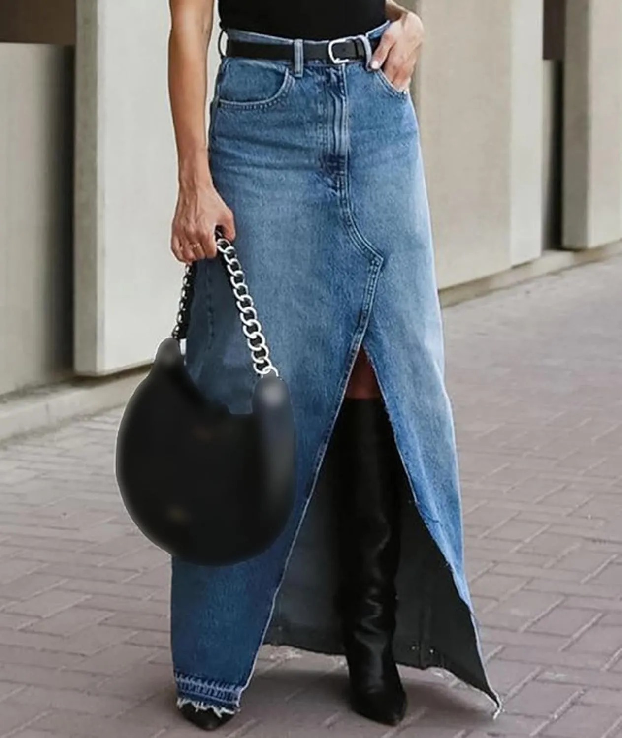 Sexyshine Women's Split Long Denim Skirt High Waist Slit Raw Hem Full Length Dress A Line Maxi Jeans Skirts Y2K Streetwear