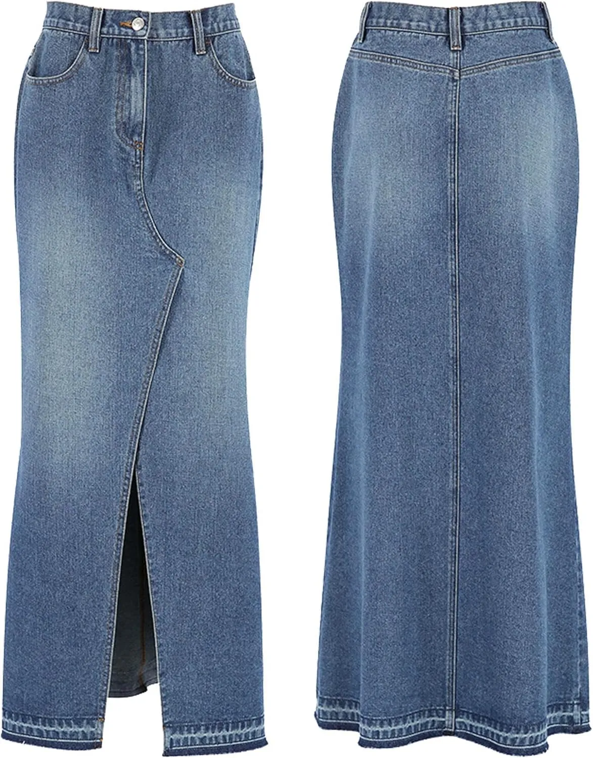 Sexyshine Women's Split Long Denim Skirt High Waist Slit Raw Hem Full Length Dress A Line Maxi Jeans Skirts Y2K Streetwear