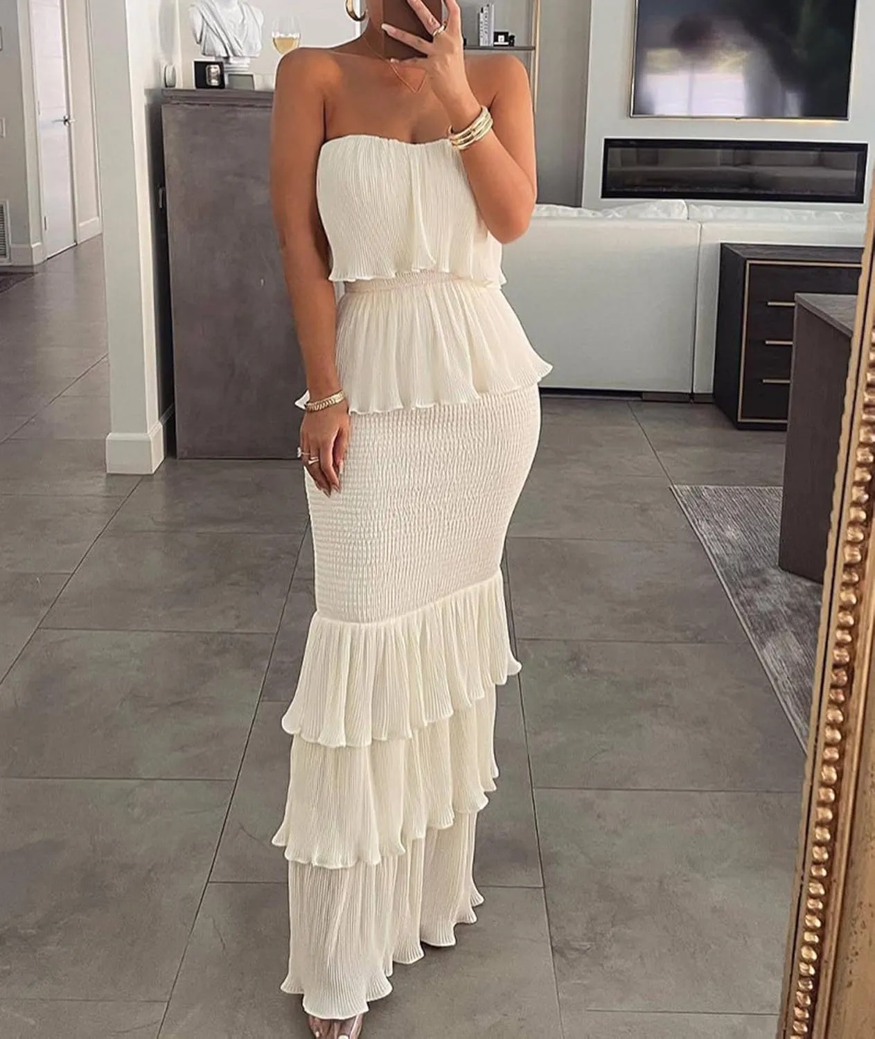 Sexyshine Women's Tube Top Ruffled Tiered Maxi Dress Sleeveless Backless Bodycon Smocked Shirred Party Holiday Long Dress