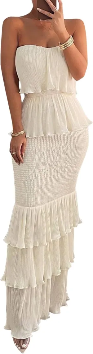 Sexyshine Women's Tube Top Ruffled Tiered Maxi Dress Sleeveless Backless Bodycon Smocked Shirred Party Holiday Long Dress