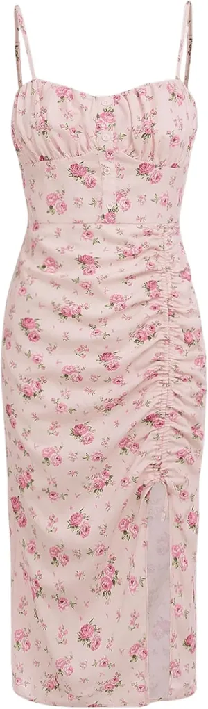 SHENHE Girl's Floral Split Thigh Ruched Spaghetti Strap Summer Cute Long Cami Dress