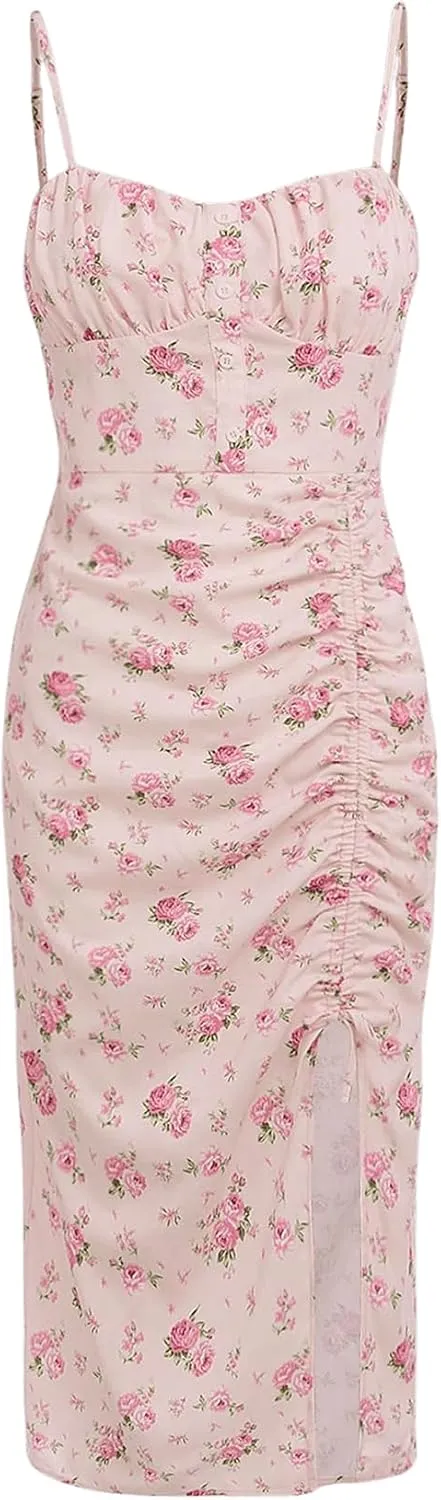 SHENHE Girl's Floral Split Thigh Ruched Spaghetti Strap Summer Cute Long Cami Dress
