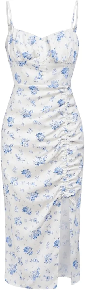 SHENHE Girl's Floral Split Thigh Ruched Spaghetti Strap Summer Cute Long Cami Dress
