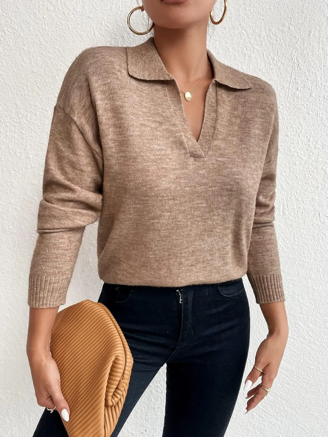 SHENHE Women's Casual V Neck Long Sleeve Knitted Pullover Polo Sweater Jumper Tops