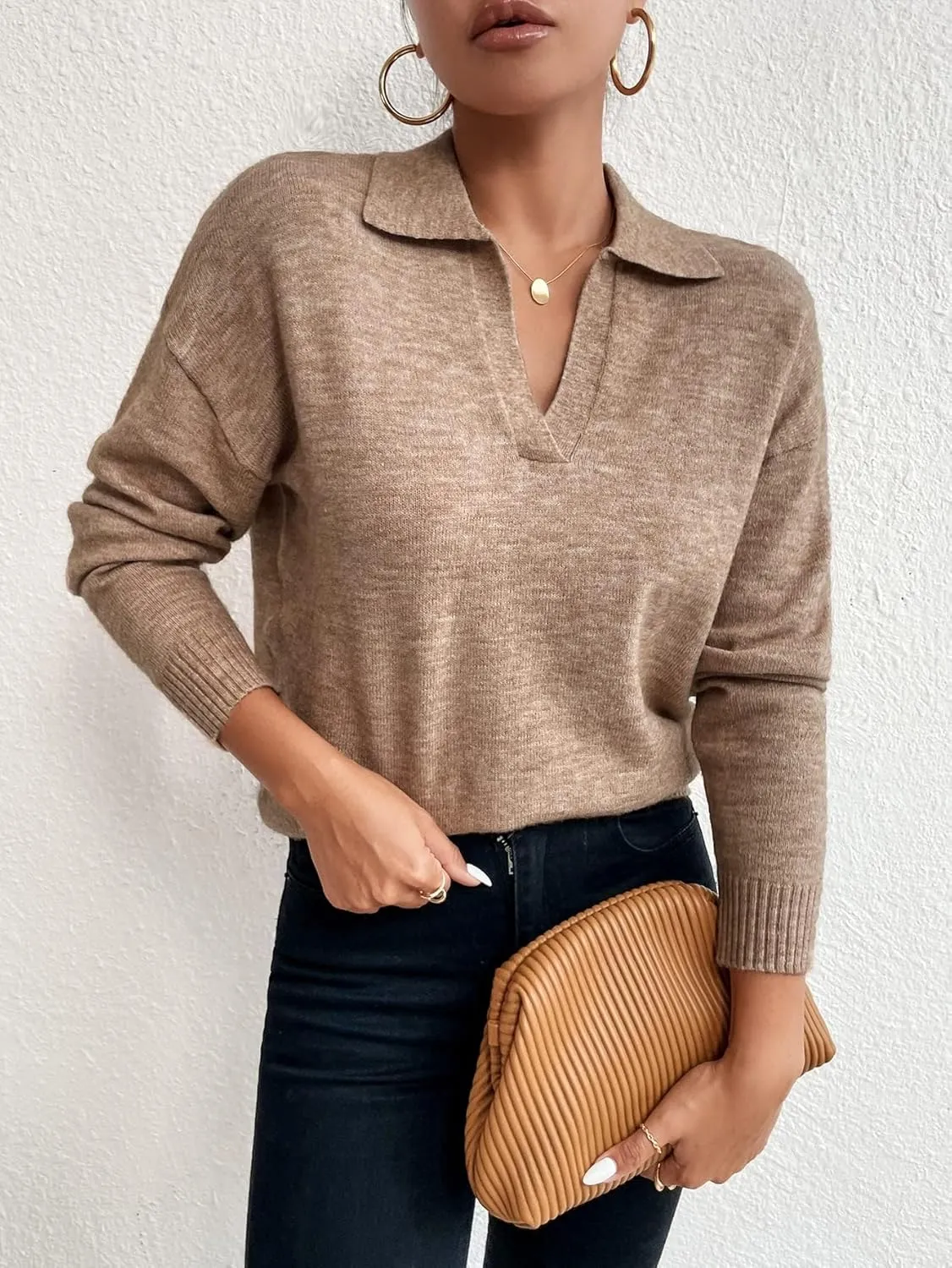 SHENHE Women's Casual V Neck Long Sleeve Knitted Pullover Polo Sweater Jumper Tops