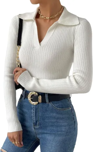 SHENHE Women's Casual V Neck Long Sleeve Knitted Pullover Polo Sweater Jumper Tops