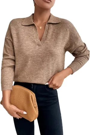 SHENHE Women's Casual V Neck Long Sleeve Knitted Pullover Polo Sweater Jumper Tops