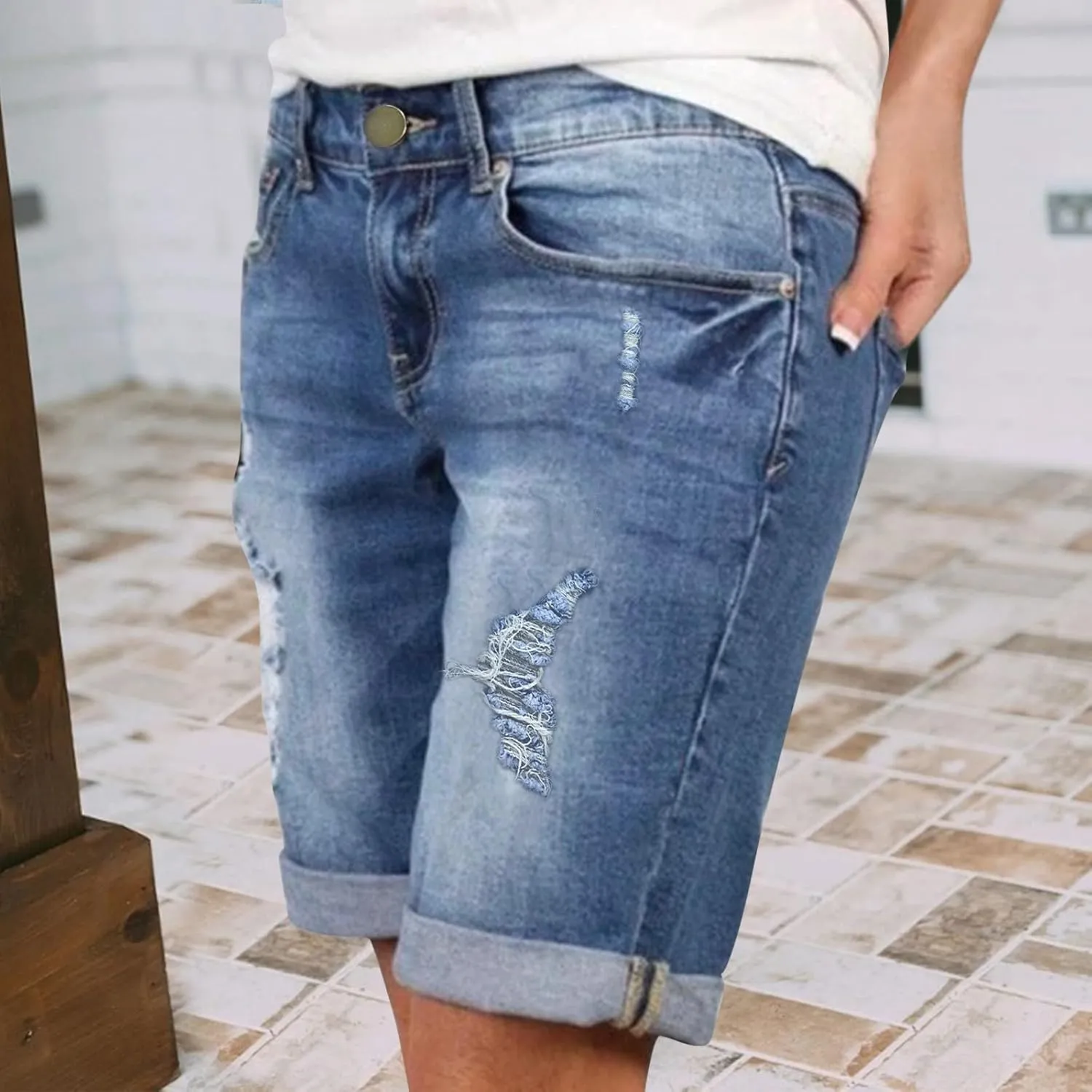 Shorts for Women Trendy Casual Denim Shorts High Waisted Knee Length Summer Frayed Distressed Jeans Short with Pockets