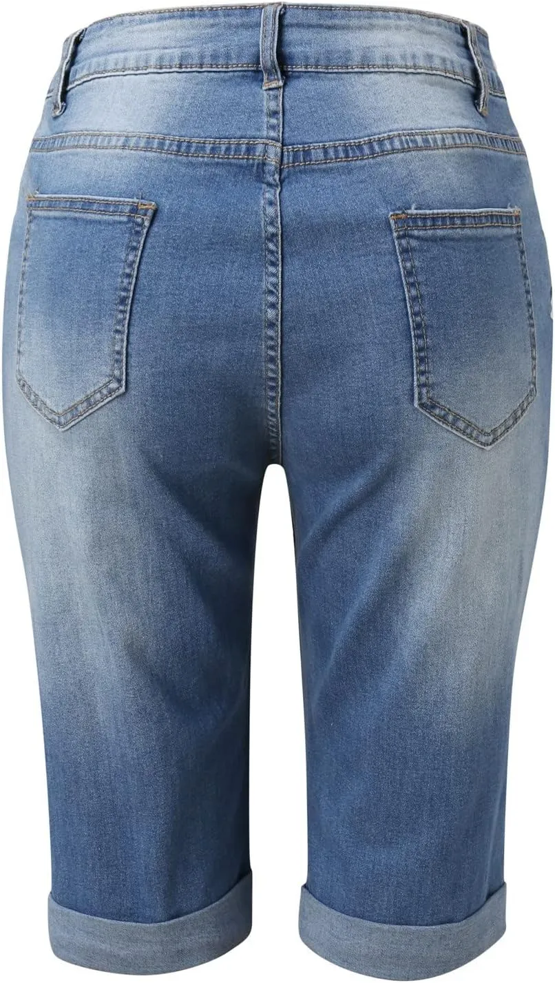 Shorts for Women Trendy Casual Denim Shorts High Waisted Knee Length Summer Frayed Distressed Jeans Short with Pockets