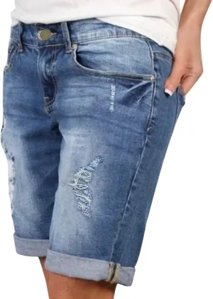 Shorts for Women Trendy Casual Denim Shorts High Waisted Knee Length Summer Frayed Distressed Jeans Short with Pockets