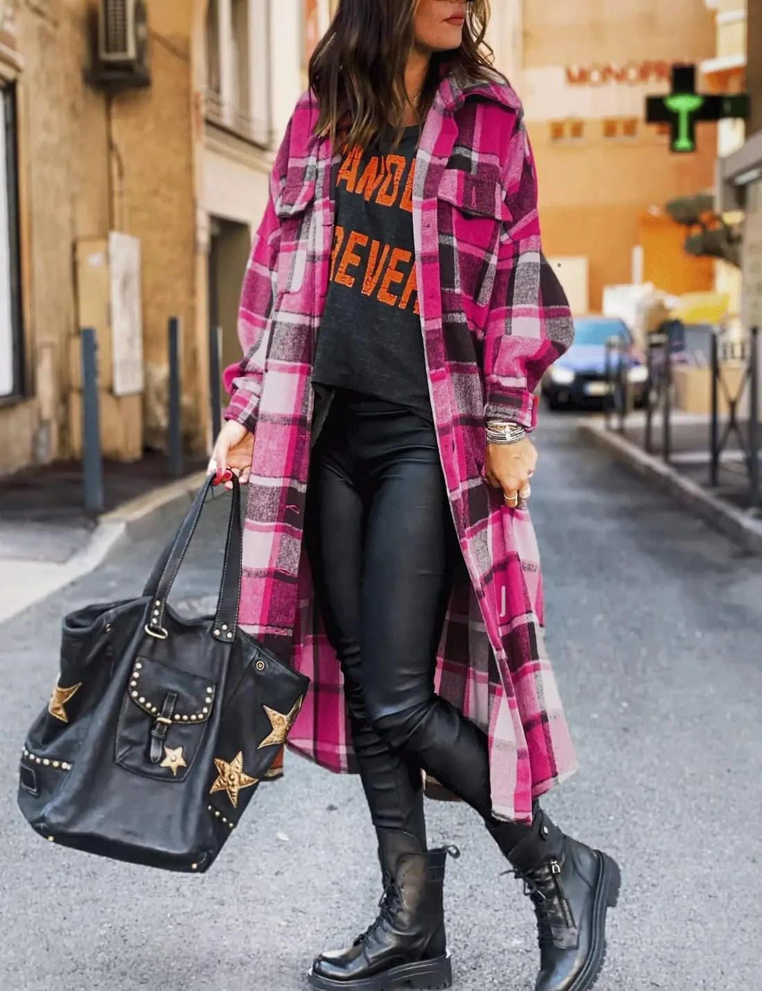 SKIKYAN Women Fall Flannel Plaid Shacket Jacket Oversized Button Down Long Shirt Jacket