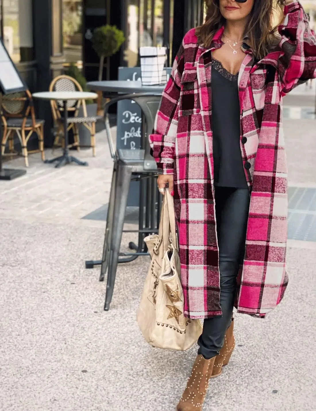 SKIKYAN Women Fall Flannel Plaid Shacket Jacket Oversized Button Down Long Shirt Jacket