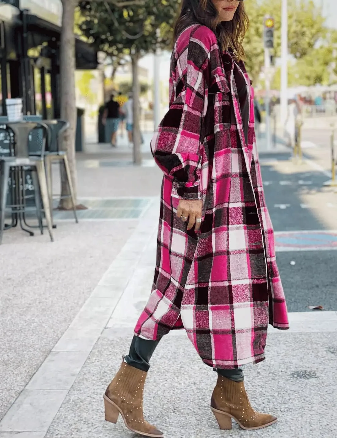 SKIKYAN Women Fall Flannel Plaid Shacket Jacket Oversized Button Down Long Shirt Jacket