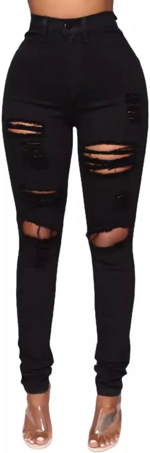 Skinny Fit Women's Distressed Jeans, High Waisted, Stretch Denim, Butt Lifting, Slim Leg