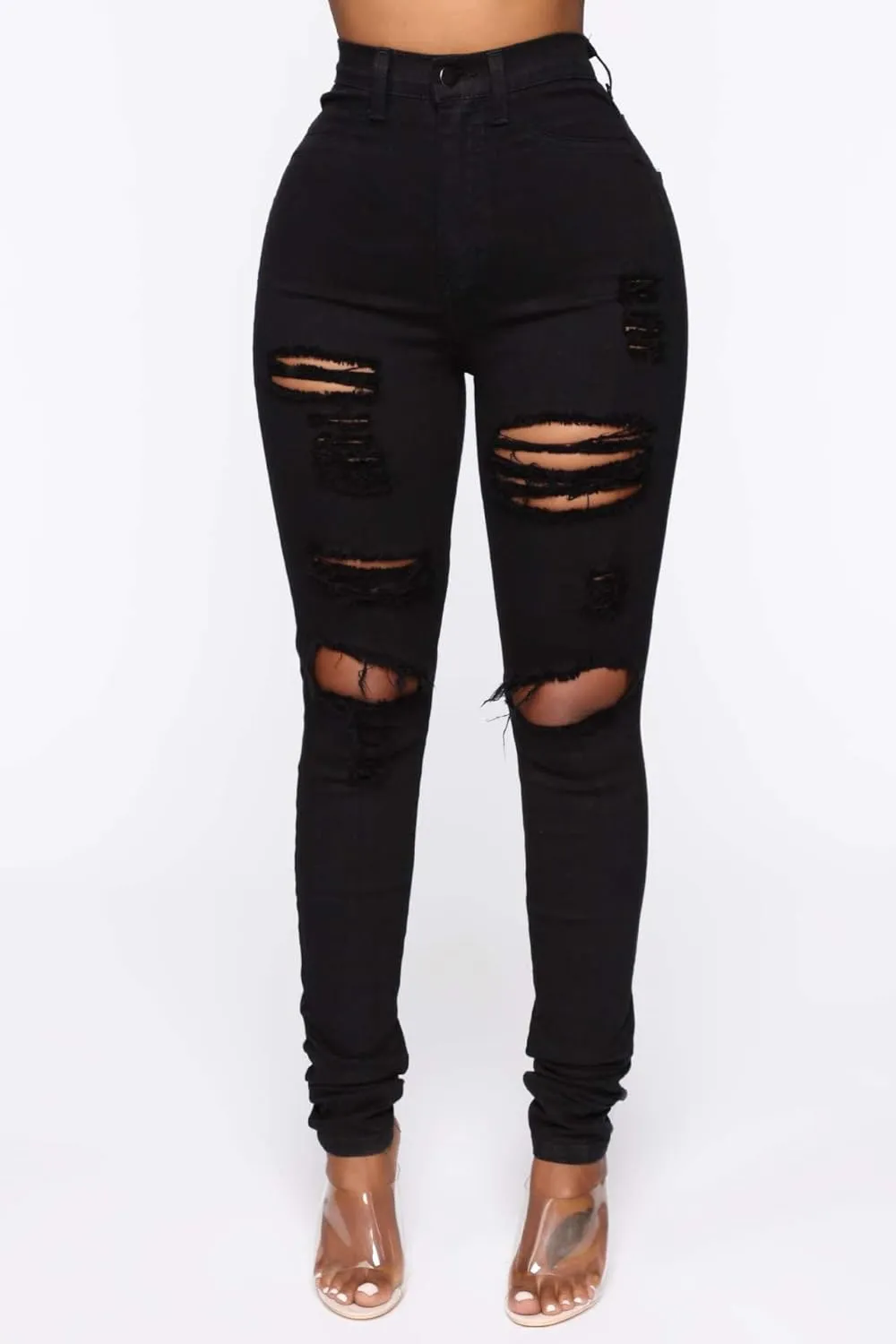 Skinny Fit Women's Distressed Jeans, High Waisted, Stretch Denim, Butt Lifting, Slim Leg