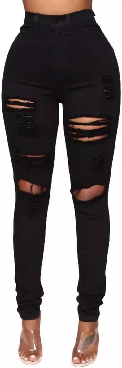 Skinny Fit Women's Distressed Jeans, High Waisted, Stretch Denim, Butt Lifting, Slim Leg