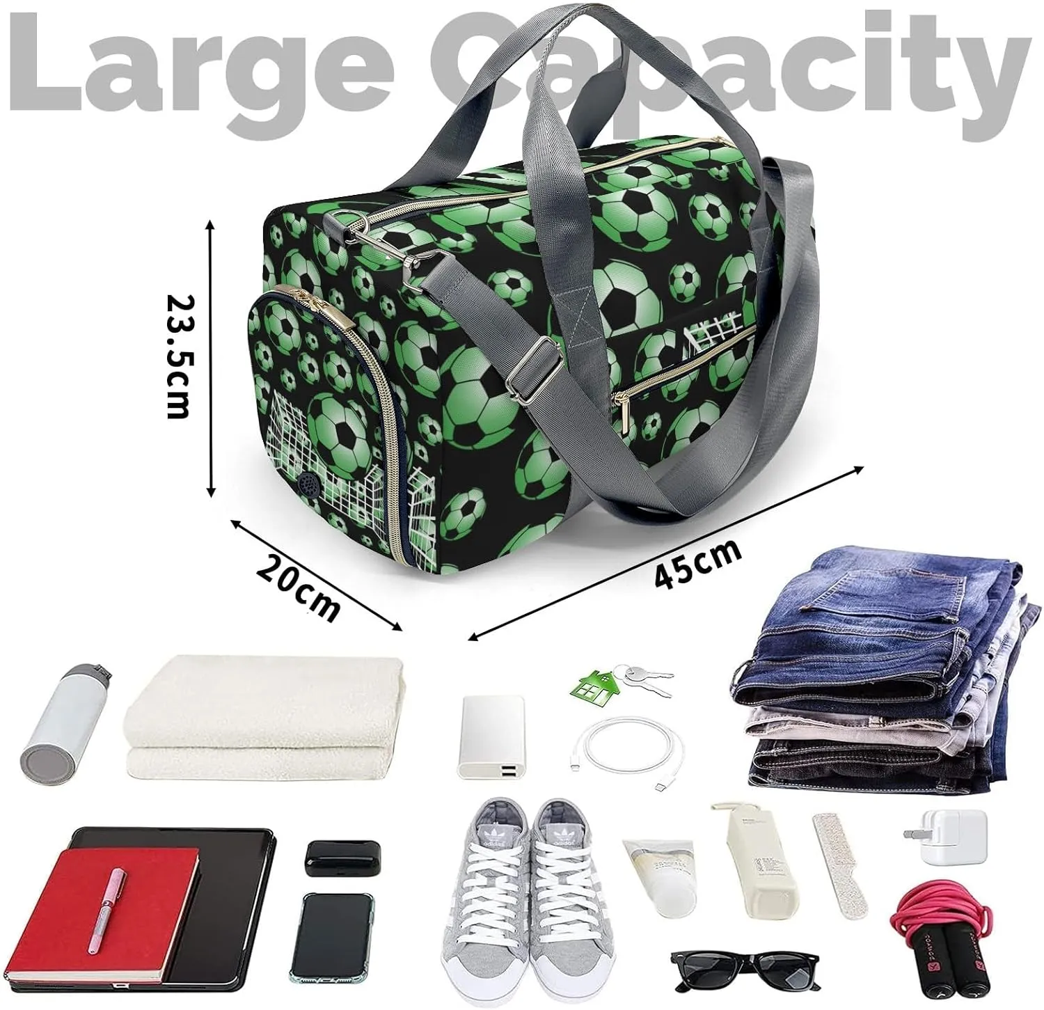 Soccer Ball Player Number Name Duffle Bag for Travel, Weekender Bag with Shoe Compartment, Carry On Overnight Bag Gym Bag Hospital Bags