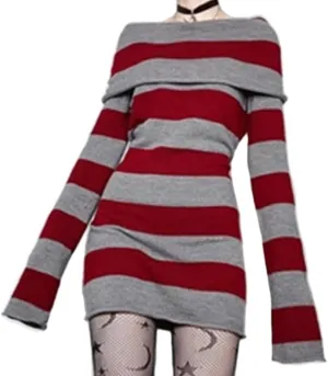 SOLILOQUY Women Gothic Dress Punk Off Shoulder Striped Knit Dress Y2k Fairy Grunge Dress Halloween Dark Academia Clothes