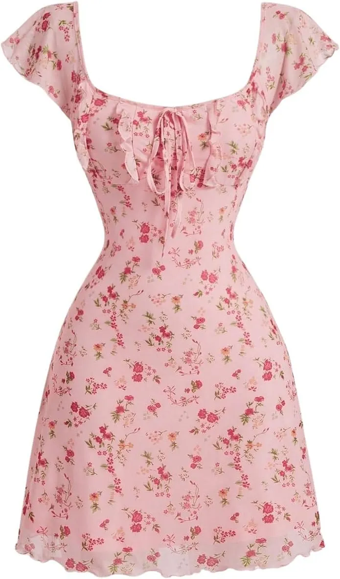 SOLY HUX Women's Vintage Floral Dress Summer Cap Sleeve Mini Dresses Going Out Beach Short Dress