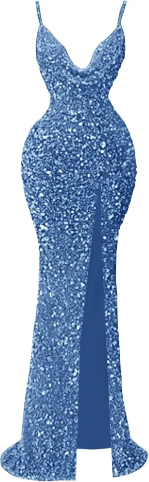 Sparkly Sequin Mermaid Prom Dresses for Women Spaghetti Straps Cowl Neck Long Formal Evening Ball Gowns with Slit