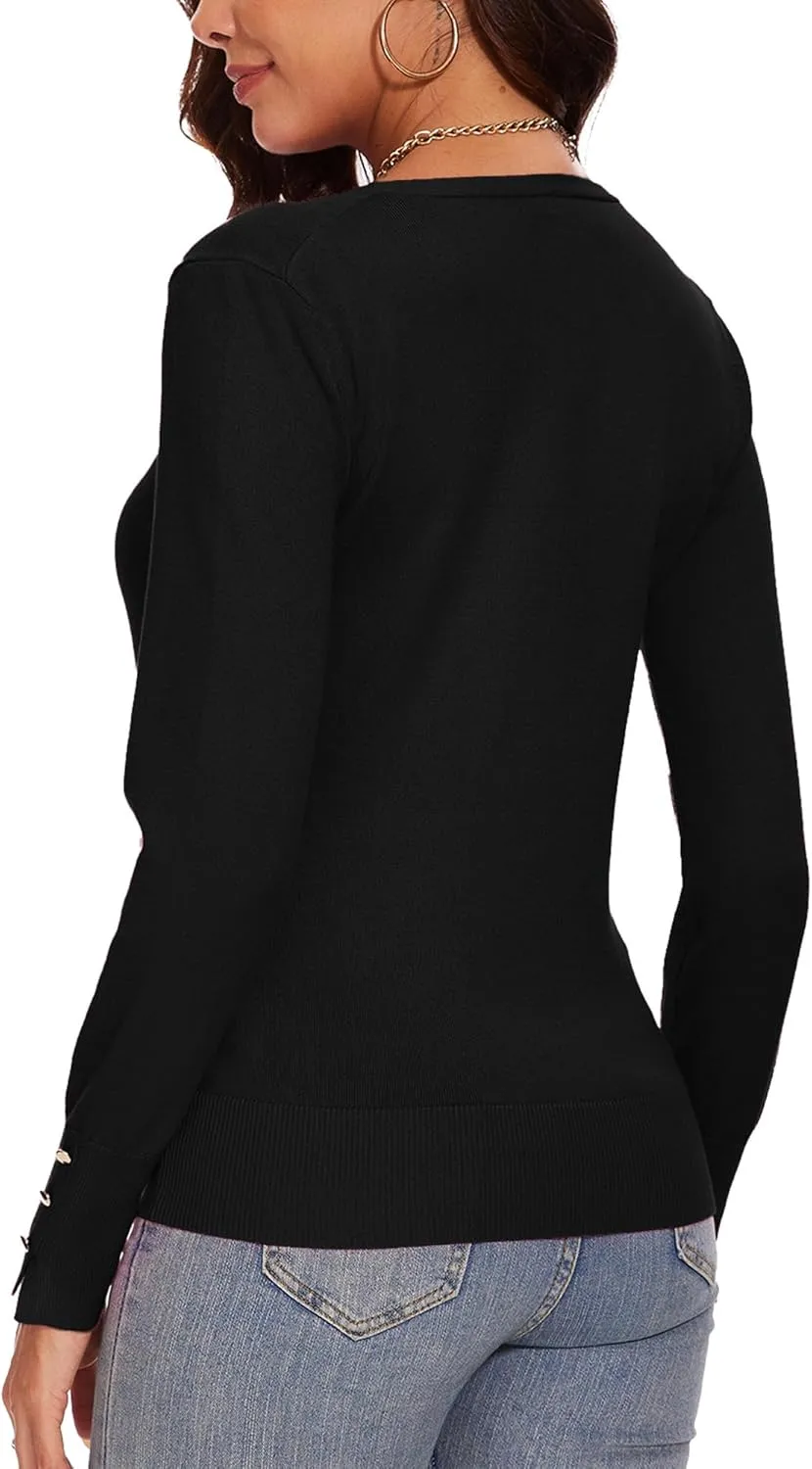 Spicy Sandia Women's V Neck Sweaters Long Sleeve Lightweight Pullover Knit Shirt Essential Top Dressy Casual