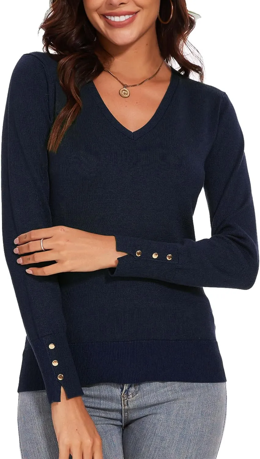 Spicy Sandia Women's V Neck Sweaters Long Sleeve Lightweight Pullover Knit Shirt Essential Top Dressy Casual