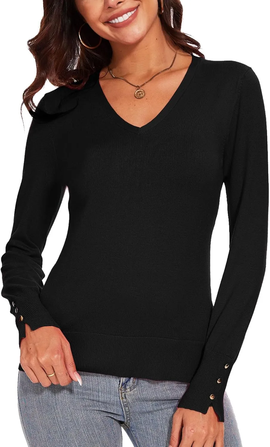 Spicy Sandia Women's V Neck Sweaters Long Sleeve Lightweight Pullover Knit Shirt Essential Top Dressy Casual