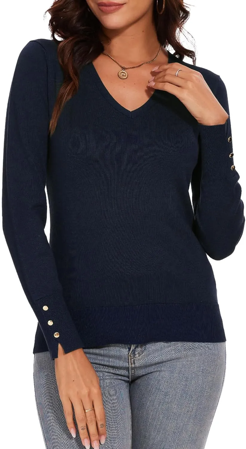 Spicy Sandia Women's V Neck Sweaters Long Sleeve Lightweight Pullover Knit Shirt Essential Top Dressy Casual