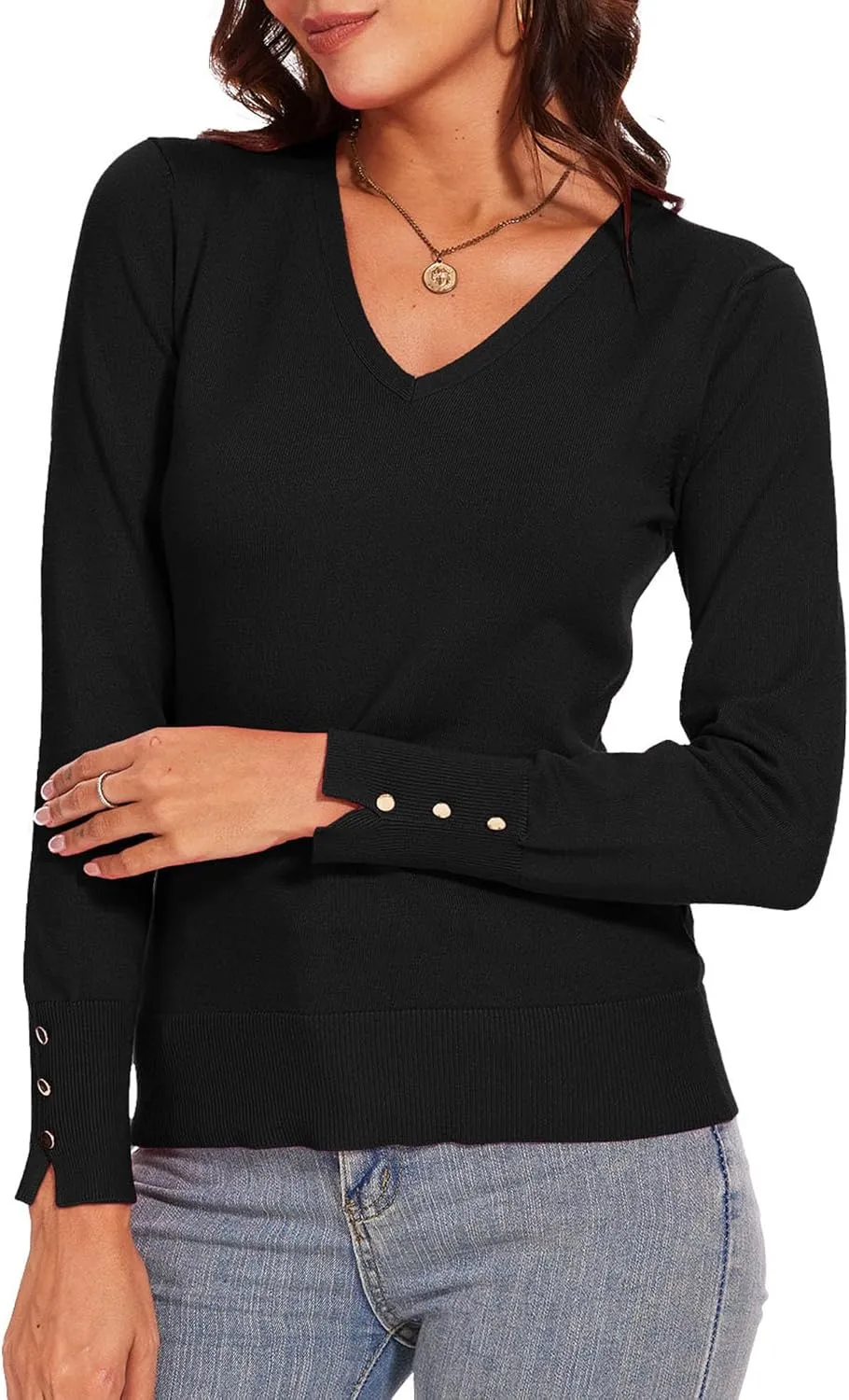 Spicy Sandia Women's V Neck Sweaters Long Sleeve Lightweight Pullover Knit Shirt Essential Top Dressy Casual