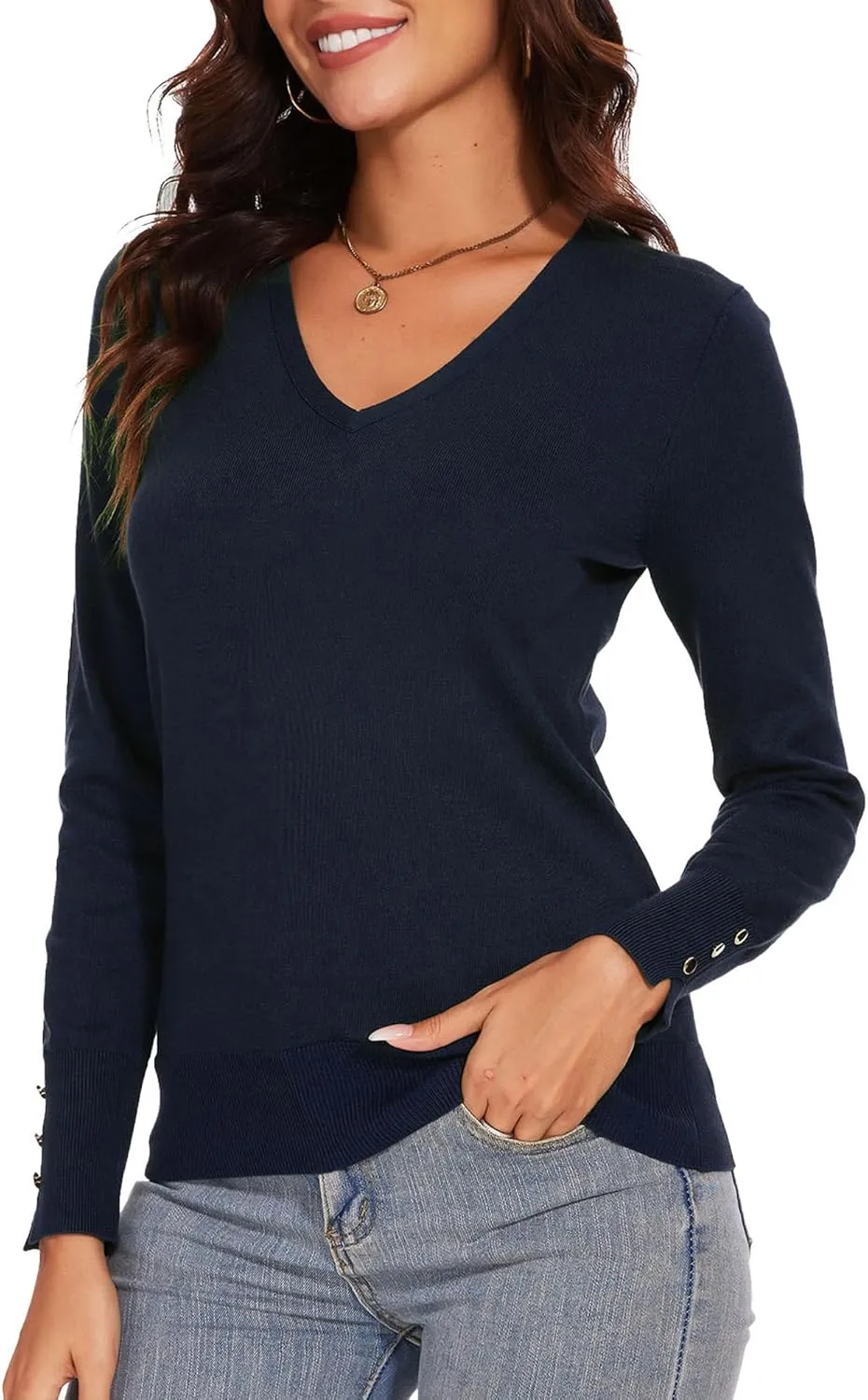 Spicy Sandia Women's V Neck Sweaters Long Sleeve Lightweight Pullover Knit Shirt Essential Top Dressy Casual