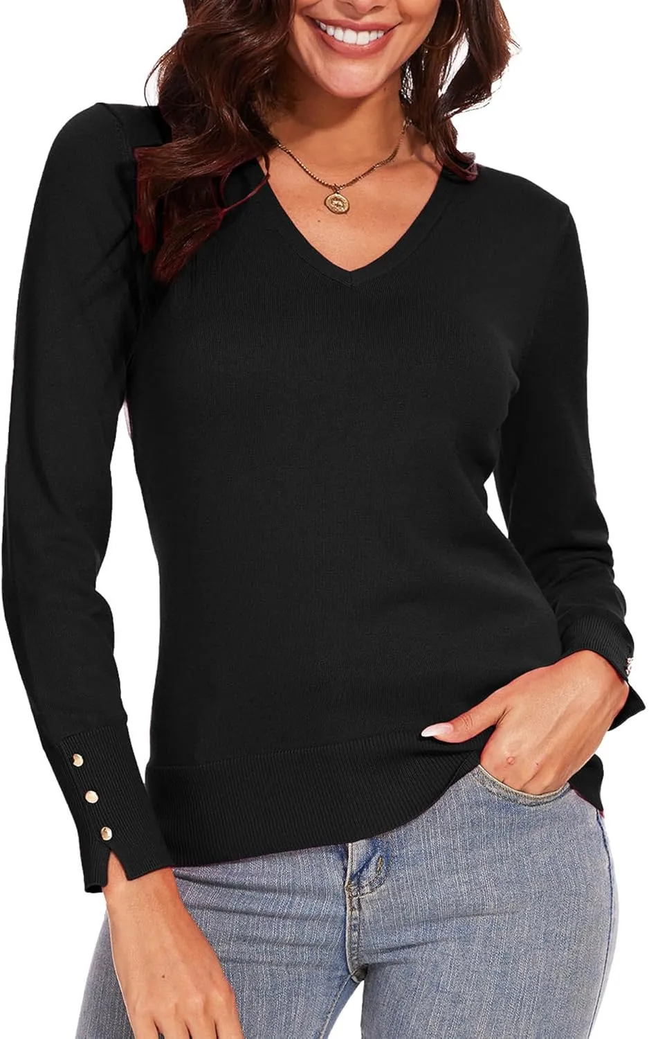 Spicy Sandia Women's V Neck Sweaters Long Sleeve Lightweight Pullover Knit Shirt Essential Top Dressy Casual