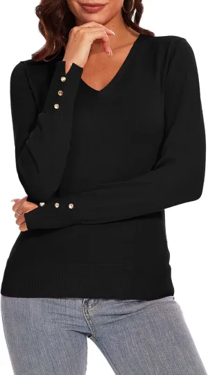 Spicy Sandia Women's V Neck Sweaters Long Sleeve Lightweight Pullover Knit Shirt Essential Top Dressy Casual