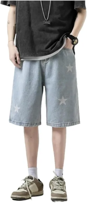 Star Print Wide Leg Denim Shorts High Waist Vintage Washed Loose Baggy Streetwear Casual Jean Shorts Jorts