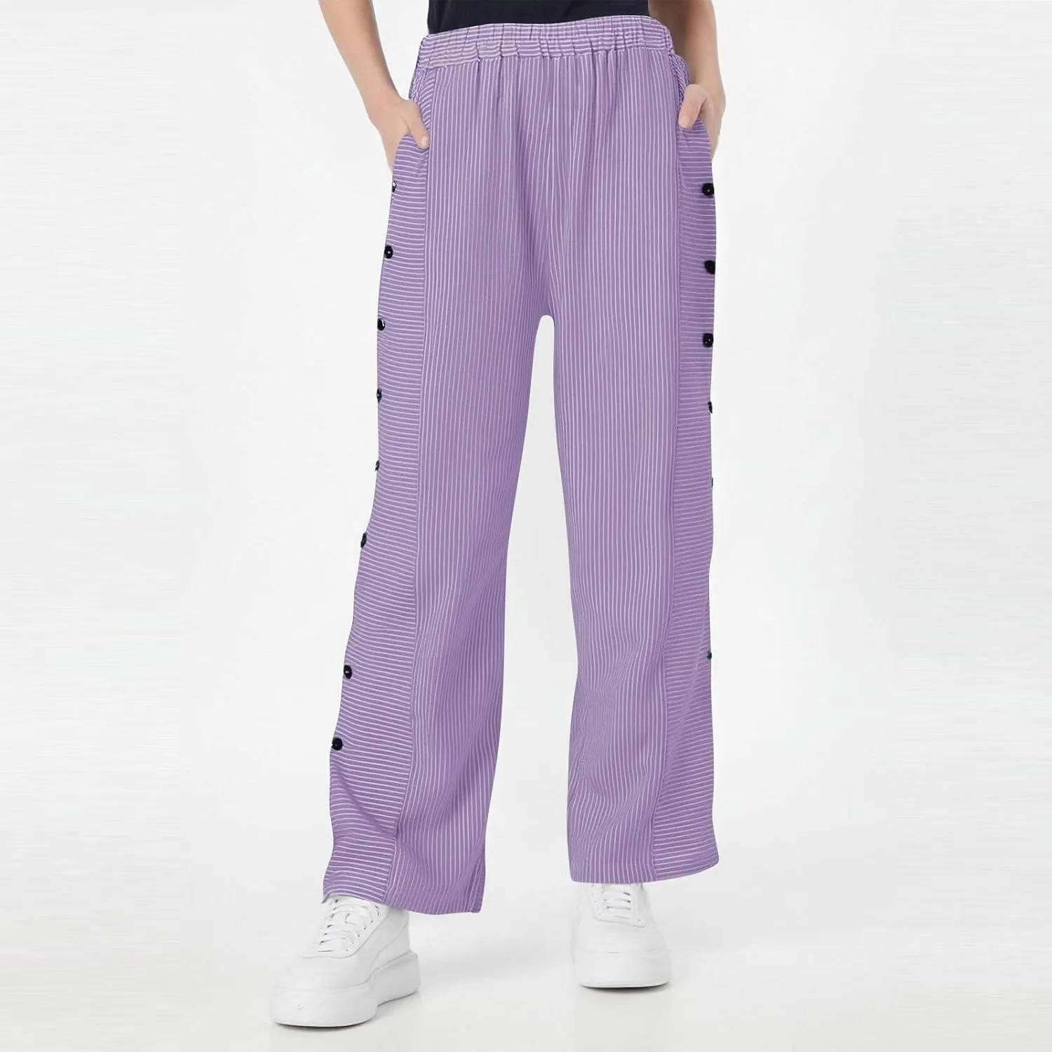 Striped Pants Women Elastic High Waisted Baggy Wide Leg Pants Vintage Cropped Trouser Lounge Pants with Pockets