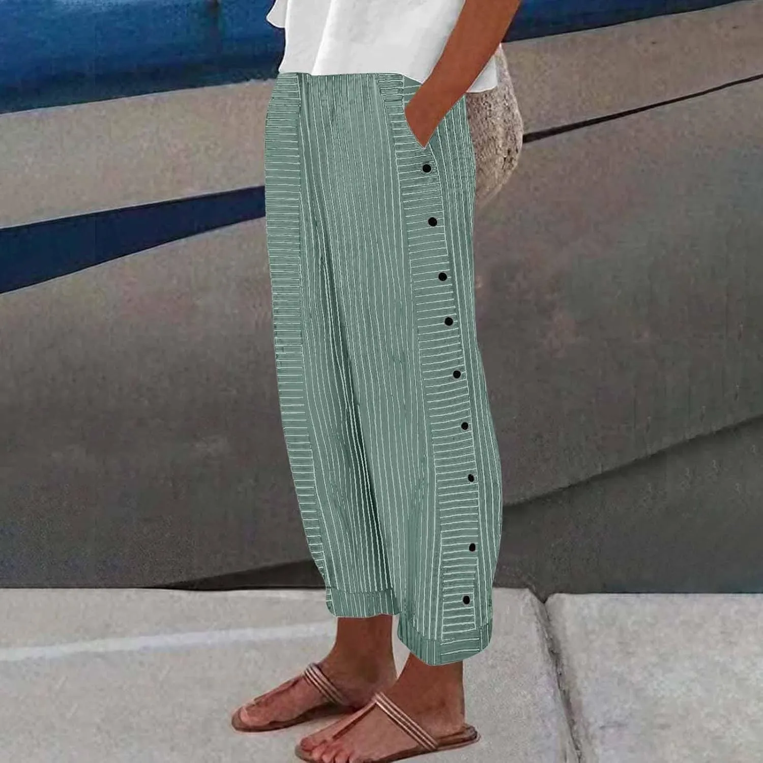 Striped Pants Women Elastic High Waisted Baggy Wide Leg Pants Vintage Cropped Trouser Lounge Pants with Pockets