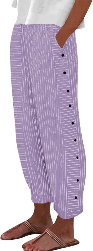 Striped Pants Women Elastic High Waisted Baggy Wide Leg Pants Vintage Cropped Trouser Lounge Pants with Pockets
