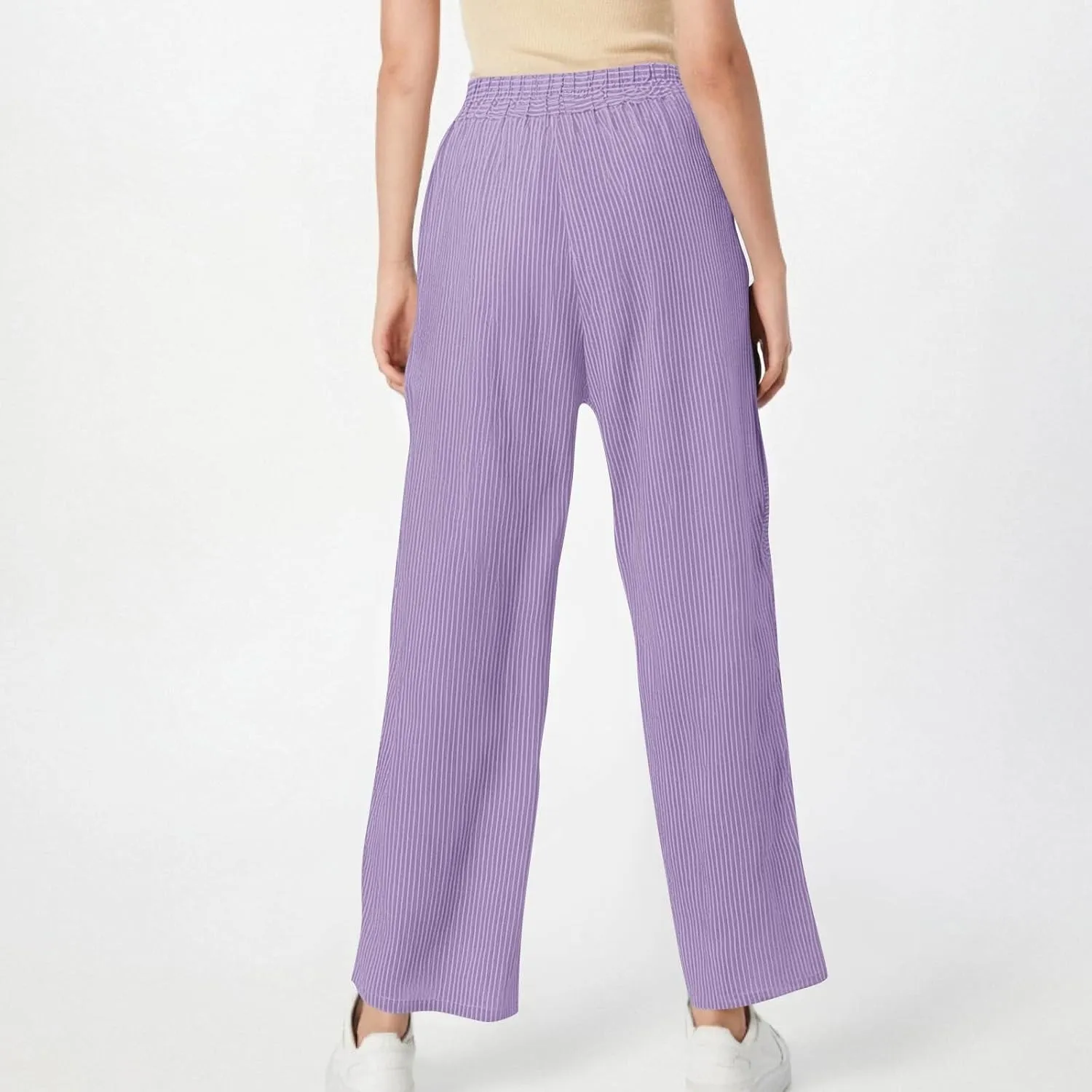 Striped Pants Women Elastic High Waisted Baggy Wide Leg Pants Vintage Cropped Trouser Lounge Pants with Pockets