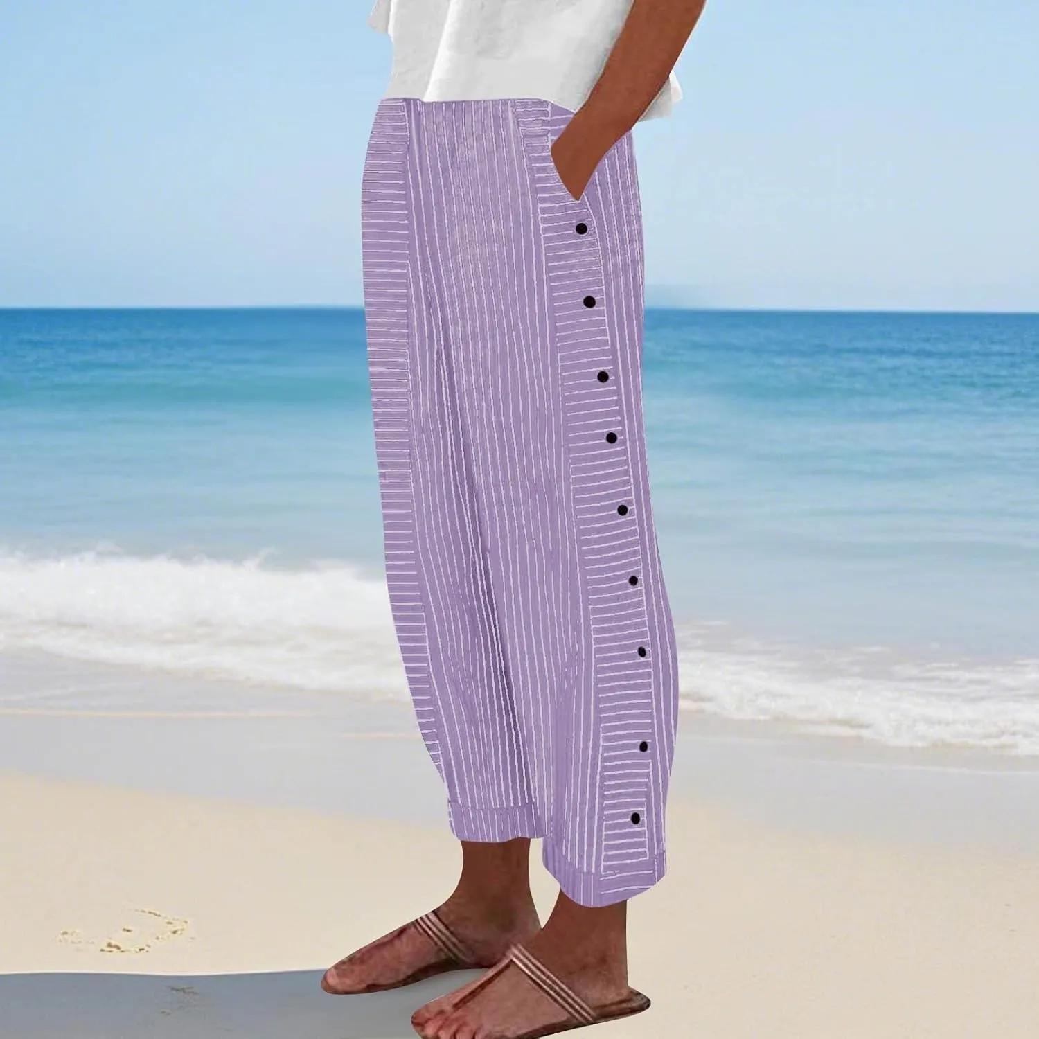 Striped Pants Women Elastic High Waisted Baggy Wide Leg Pants Vintage Cropped Trouser Lounge Pants with Pockets