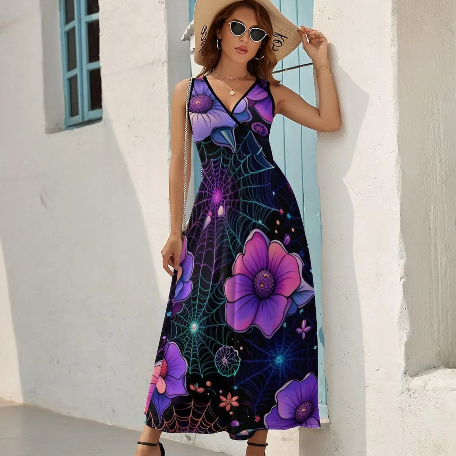 Summer Casual Tunic Dress V-Neck Sleeveless Fitted Beach Swing Dress