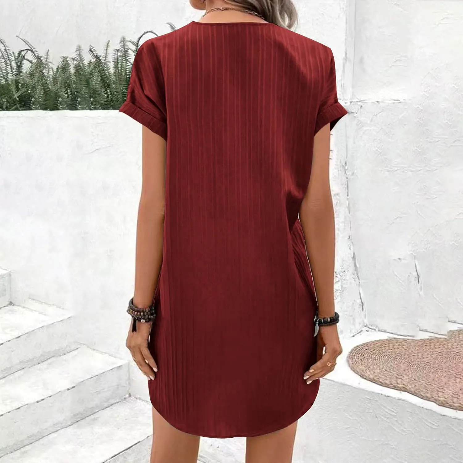 Summer Cotton Linen Collared Shift Shirt Dress Women Casual Loose Fit Roll-Up Short Sleeve V Neck Lounge Dresses