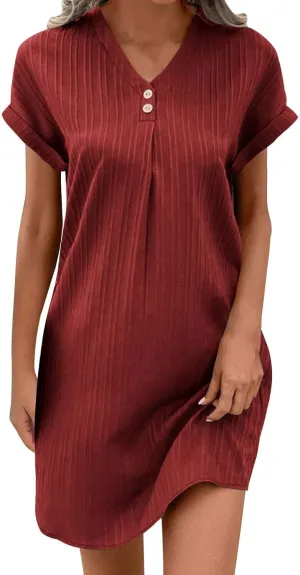 Summer Cotton Linen Collared Shift Shirt Dress Women Casual Loose Fit Roll-Up Short Sleeve V Neck Lounge Dresses