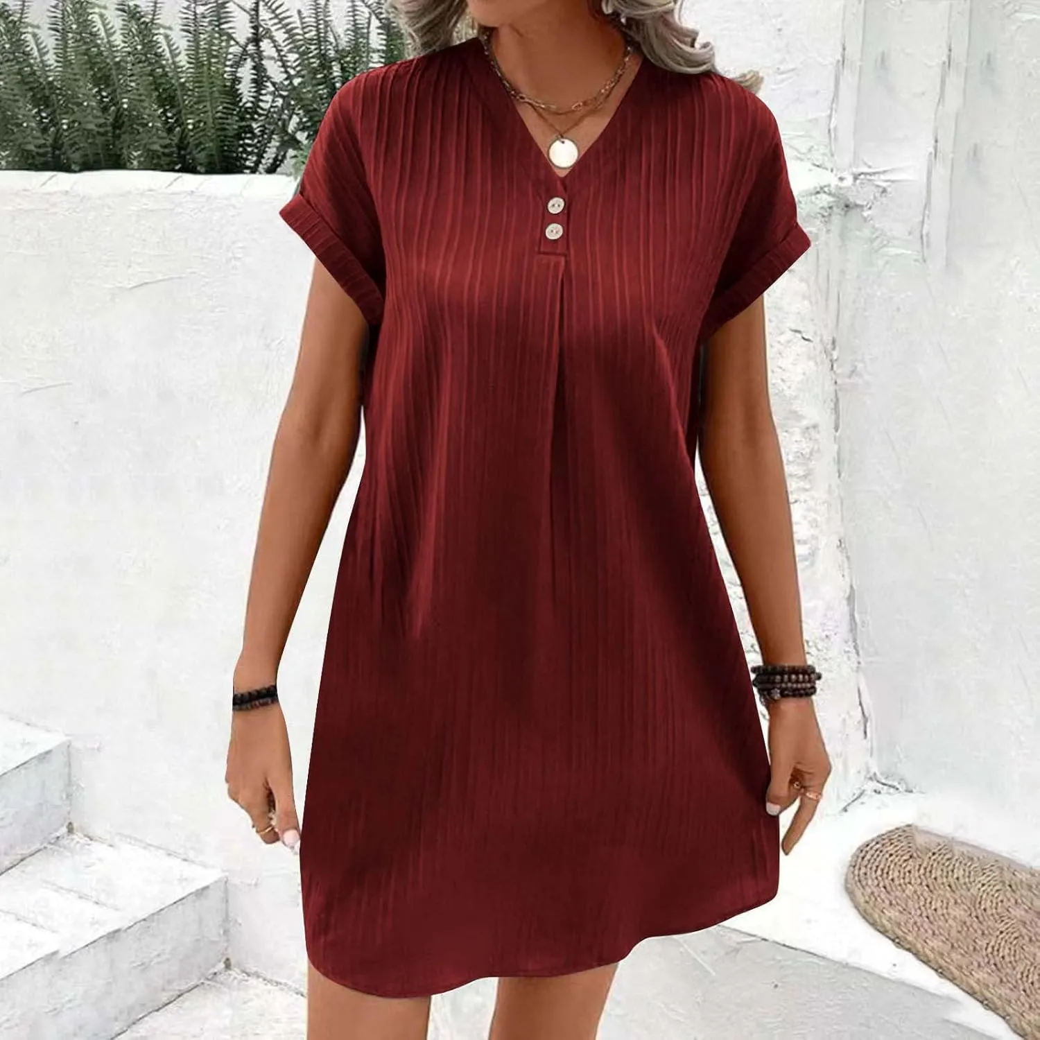 Summer Cotton Linen Collared Shift Shirt Dress Women Casual Loose Fit Roll-Up Short Sleeve V Neck Lounge Dresses