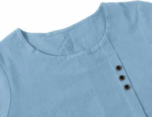 Summer Cotton Linen Shirts for Women Floral Butterfly Print Short Sleeve Loose Blouse Tops Tee with Button