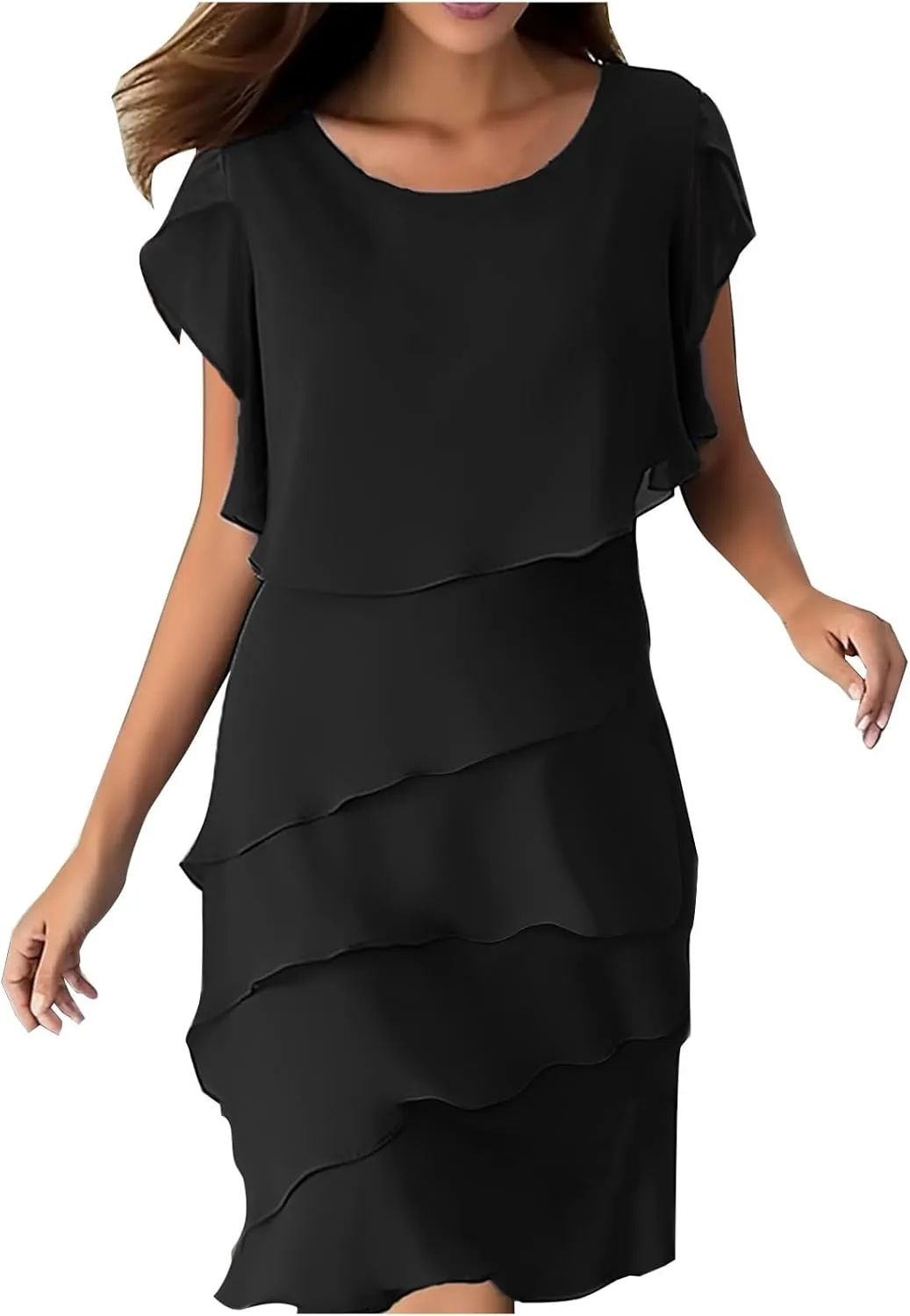 Summer Layered Ruffle Shift Tunic Dresses for Women Stylish Petal Sleeve Flowy Beach Mini Dress for Casual Party