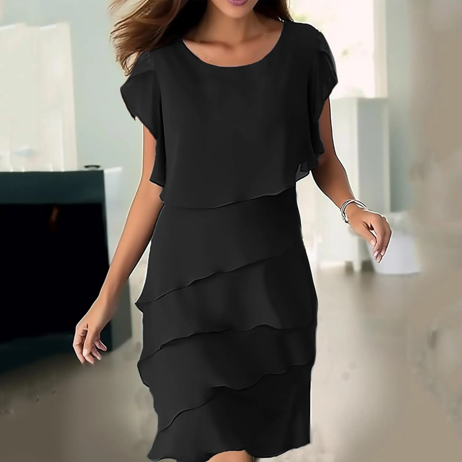 Summer Layered Ruffle Shift Tunic Dresses for Women Stylish Petal Sleeve Flowy Beach Mini Dress for Casual Party