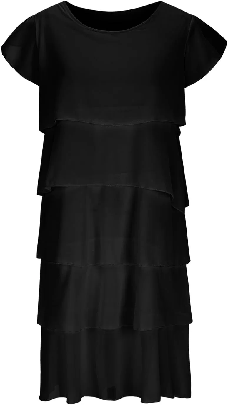Summer Layered Ruffle Shift Tunic Dresses for Women Stylish Petal Sleeve Flowy Beach Mini Dress for Casual Party